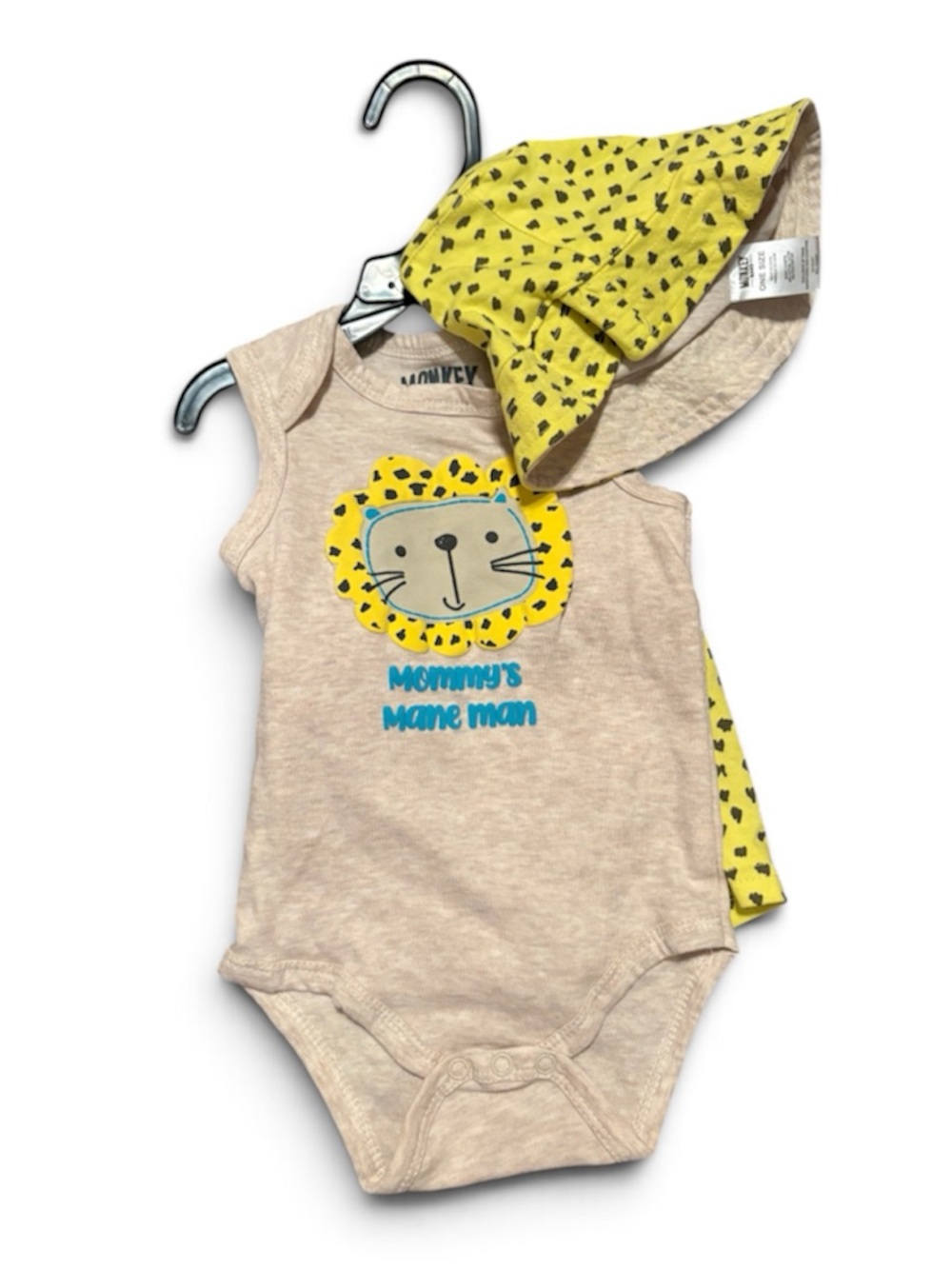 Monkey Bars Beige & Yellow Lion Graphic Baby Onesie with Matching Hat and Shorts
